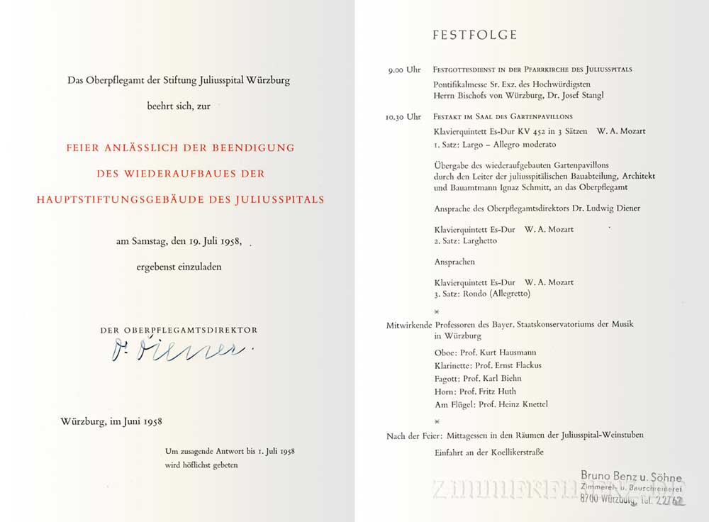 Juliusspital 1958 - Einladung zum Fest nach dem Wiederaufbau 1958 - Bild 1